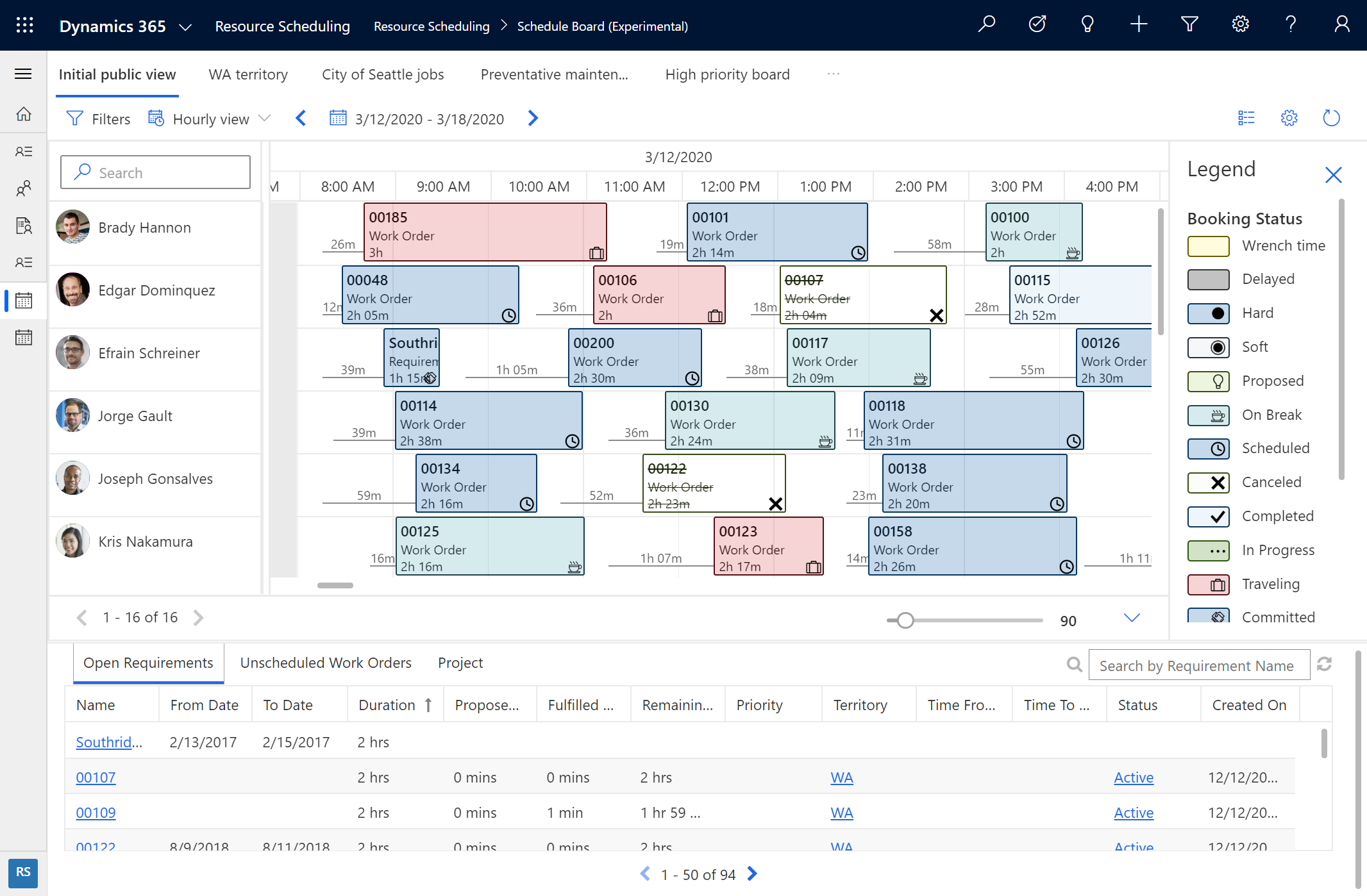 Capture d’écran du nouveau tableau de planification dans Dynamics 365, montrant les ressources.