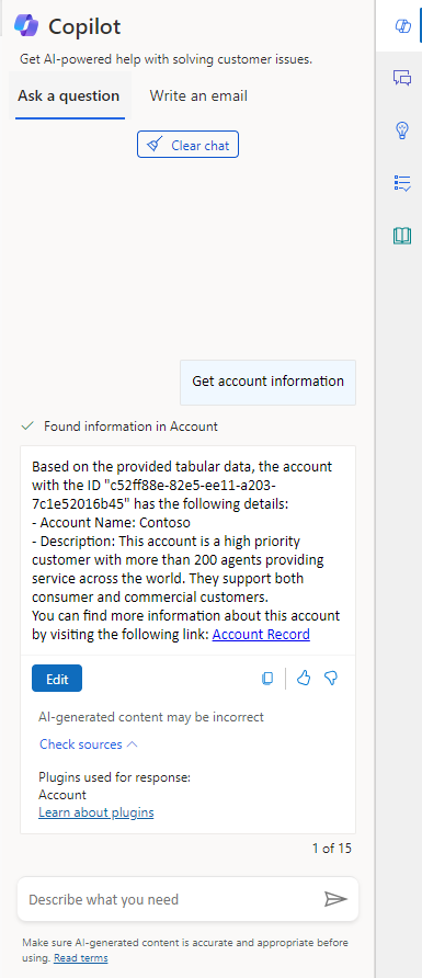 Une capture d’écran de la réponse Copilot générée via le plug-in d’invite.
