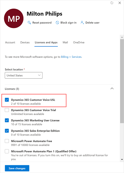 Assign the Dynamics 365 Customer Voice user license to a user.