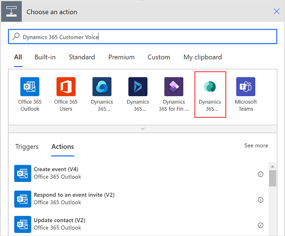 Sélectionnez le connecteur Dynamics 365 Customer Voice. Sélectionnez le connecteur Dynamics 365 Customer Voice.