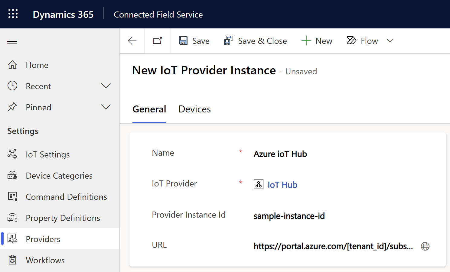 Capture d’écran d’une nouvelle instance de fournisseur IoT Hub avec des exemples de données.
