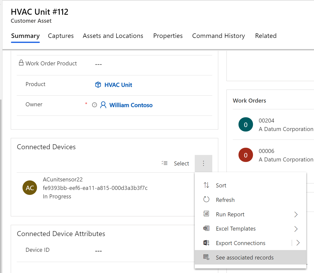 Capture d’écran de la section Appareils connectés sur l’enregistrement d’actif client dans Field Service.