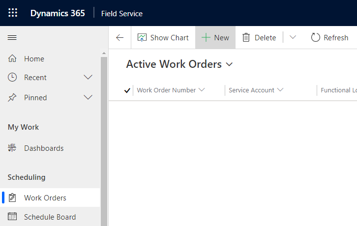 Capture d’écran de la liste des ordres de travail actifs dans Field Service.