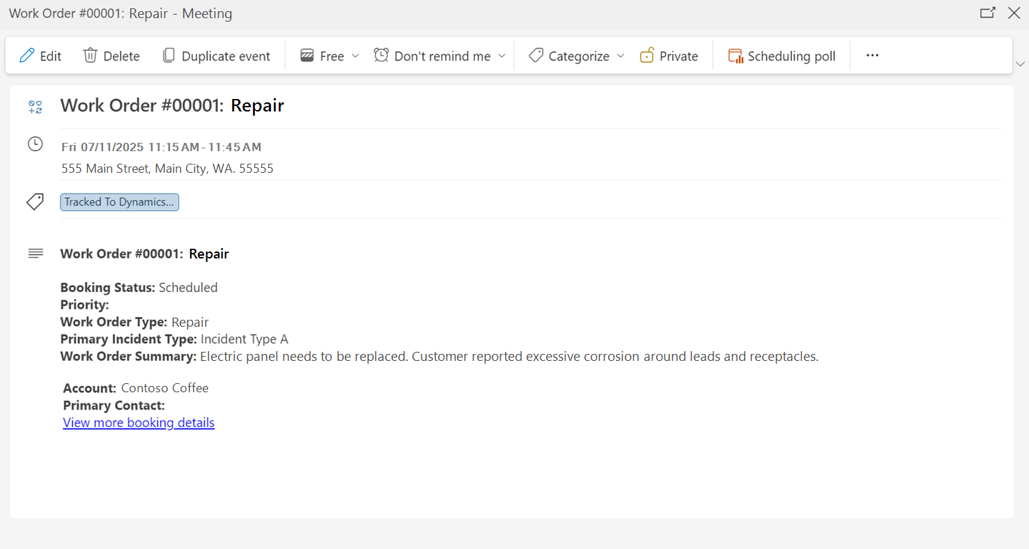 Capture d'écran des détails de réservation pour un ordre de travail dans Outlook.