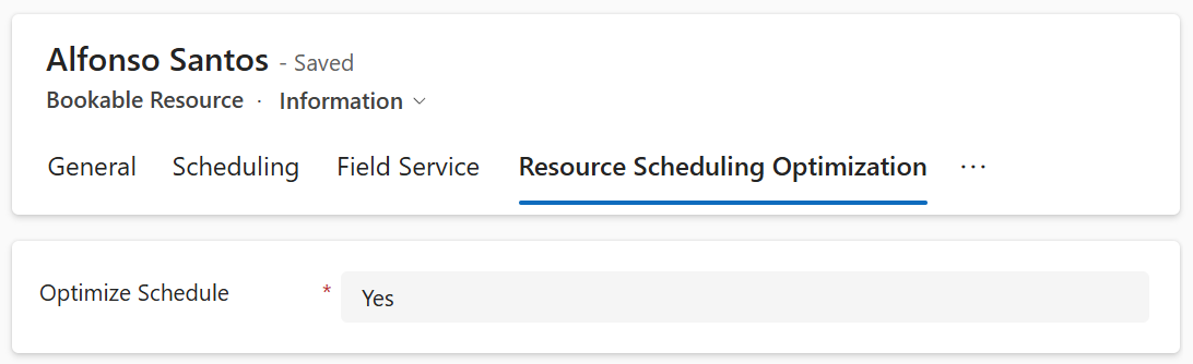 Capture d’écran de l’activation de Resource Scheduling Optimization pour une ressource.