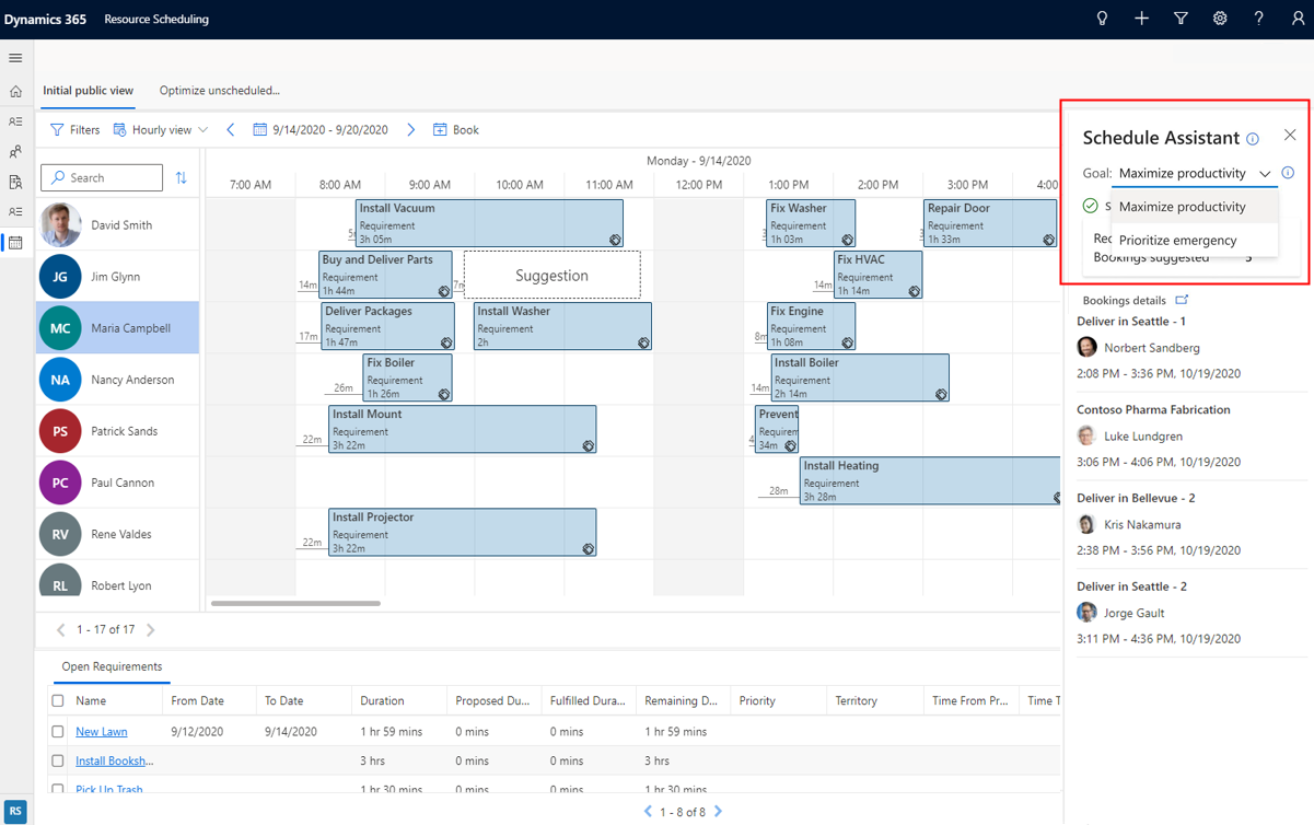 Capture d’écran de l’Assistant Planifier montrant les objectifs d’optimisation sur le tableau de planification.