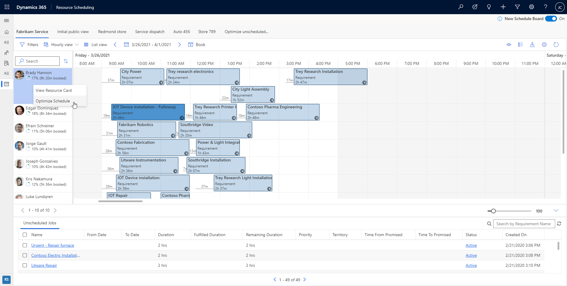 Capture d’écran du calendrier d’optimisation d’une ressource.