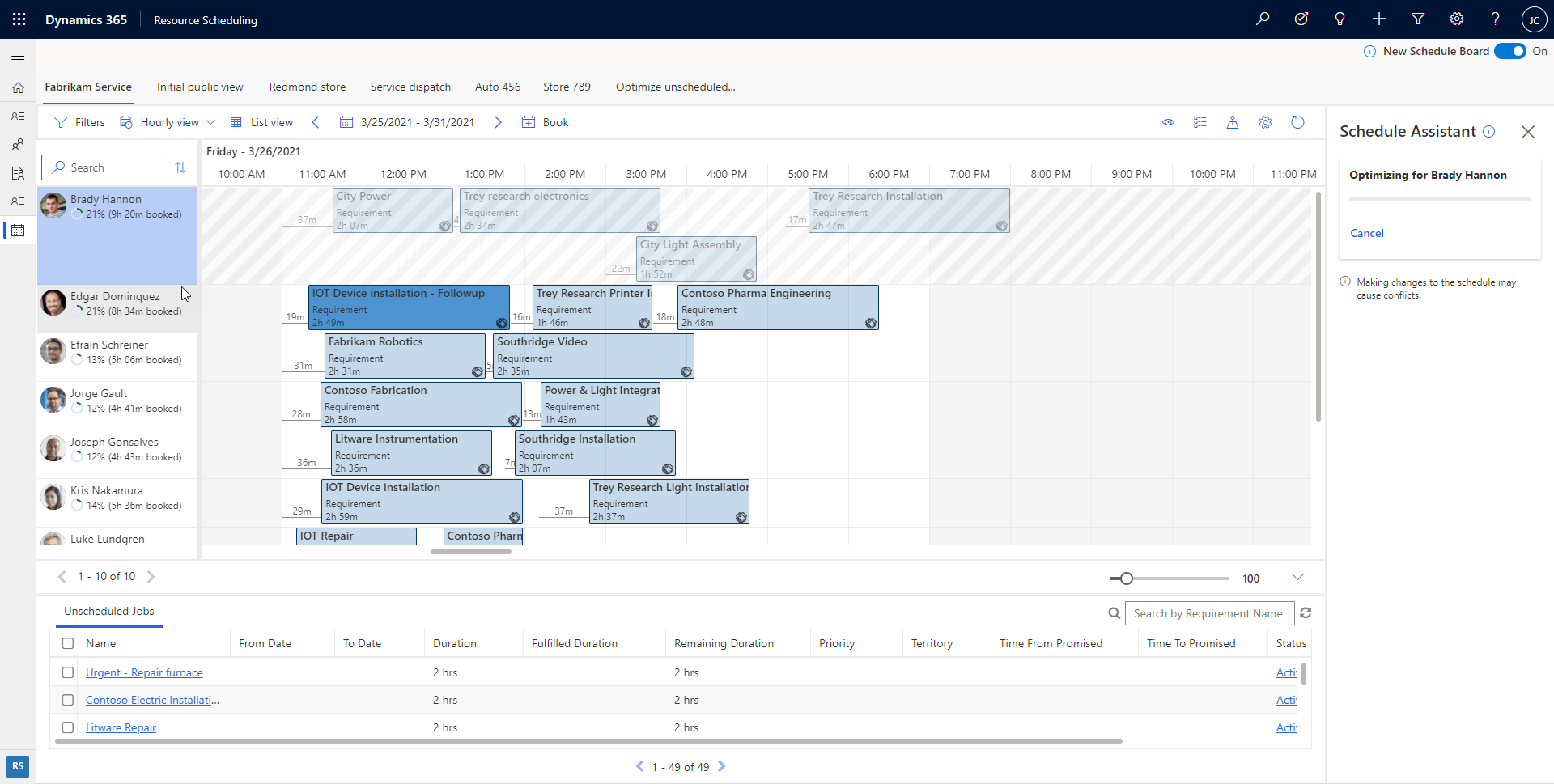 Capture d’écran du calendrier d’optimisation d’une ressource en cours.