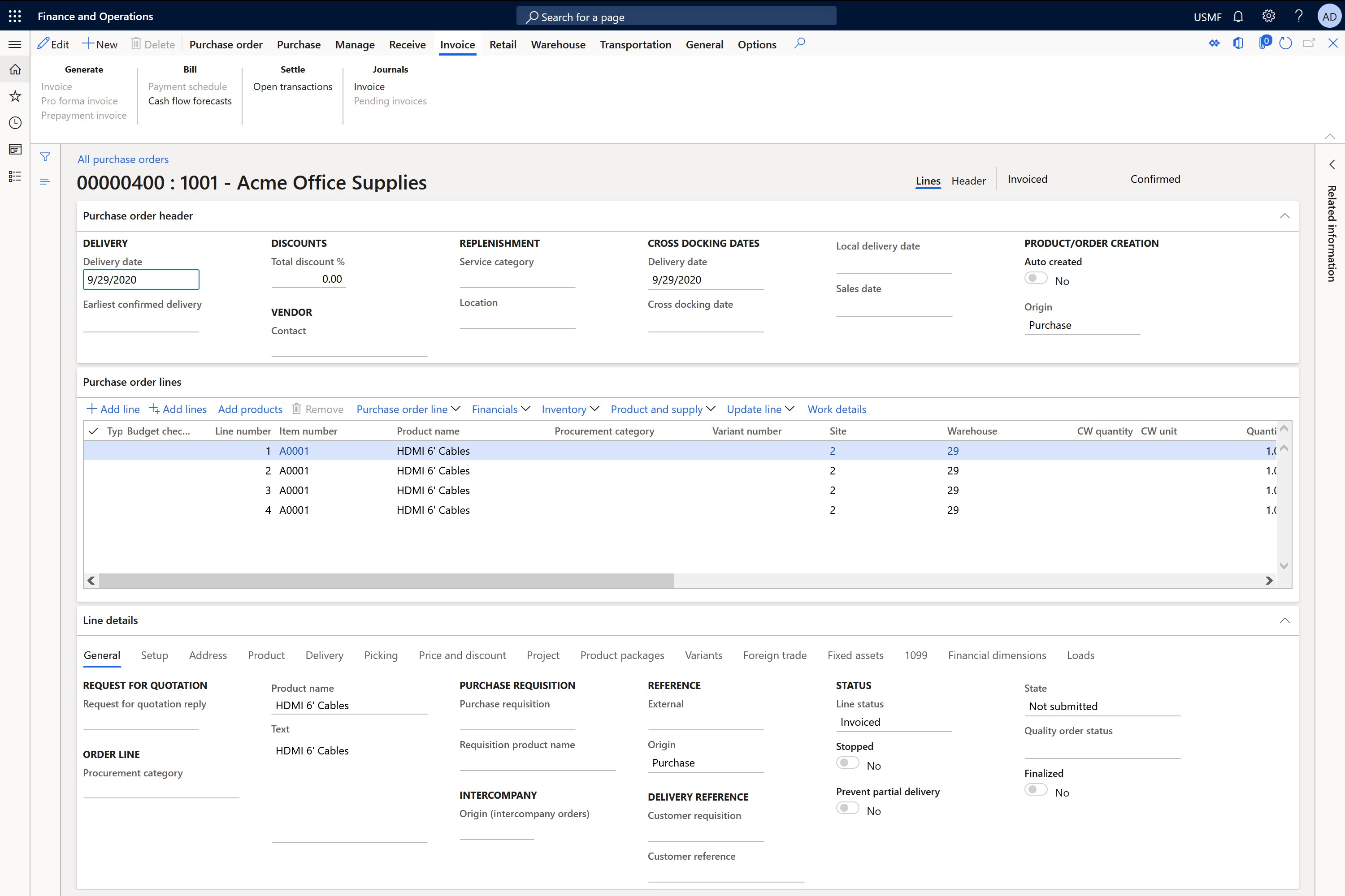 Capture d’écran d’une commande fournisseur dans Supply Chain Management.