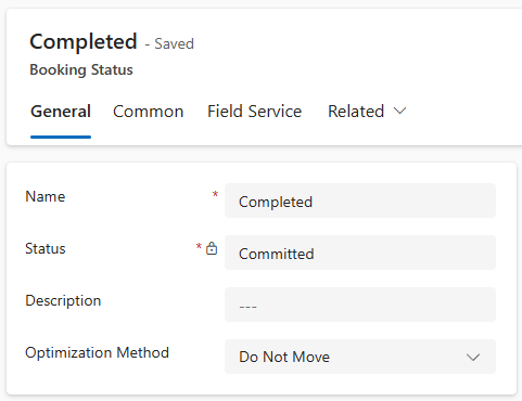 Screenshot of a booking status record with a configured optimization method in Dynamics 365 Field Service booking statuses settings.