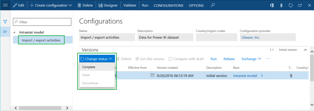 Configuration des activités d’importation / exportation sur la page Configurations.