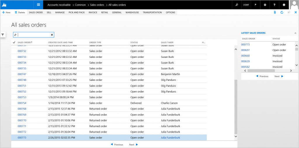 Details Transaction example: Grid view.