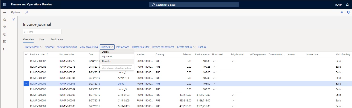 Invoice journal page, Charges drop-down.