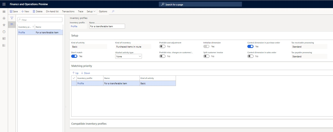 Inventory profiles page.