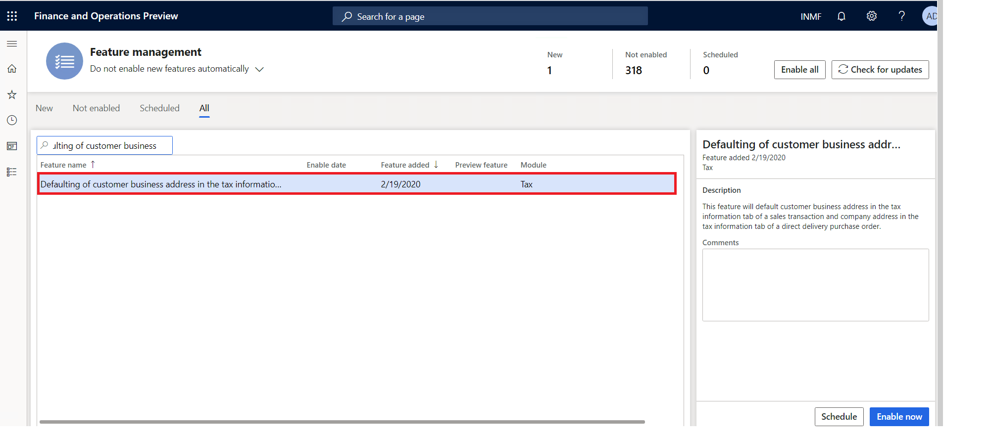 Feature management - Defaulting of customer business address in the tax information tab.