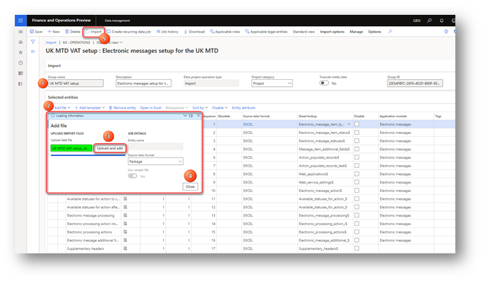 Importing a package of data entities that includes a predefined EM setup.