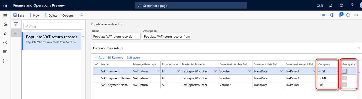 Setup of data sources for a VAT group.