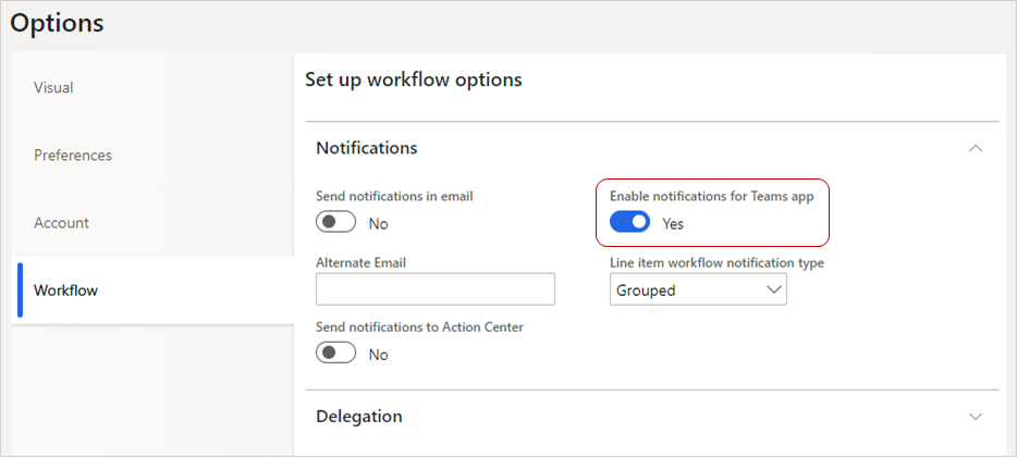 Activer les notifications de l’application Teams dans l’onglet Workflow des options utilisateur.