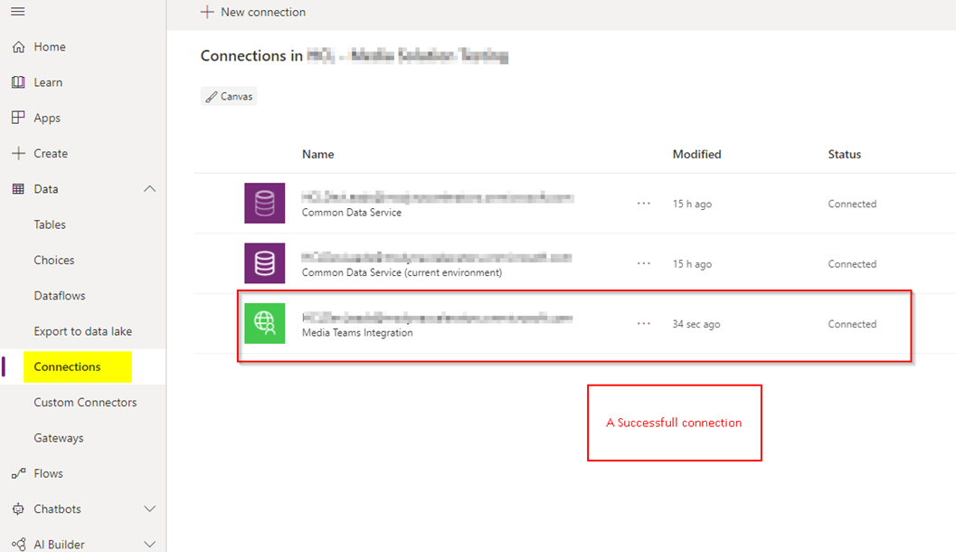 Microsoft Teams custom connector create connection complete.
