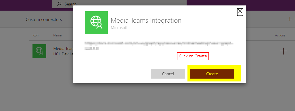 Microsoft Teams custom connector create connection dialog box.