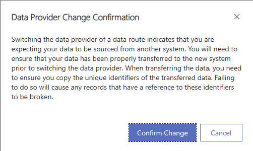 Capture d’écran affichant le message de confirmation de changement de fournisseur de données.
