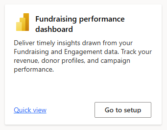 Capture d’écran montrant la vignette du tableau de bord Fundraising performance dashboard, y compris le bouton Accéder à la configuration.