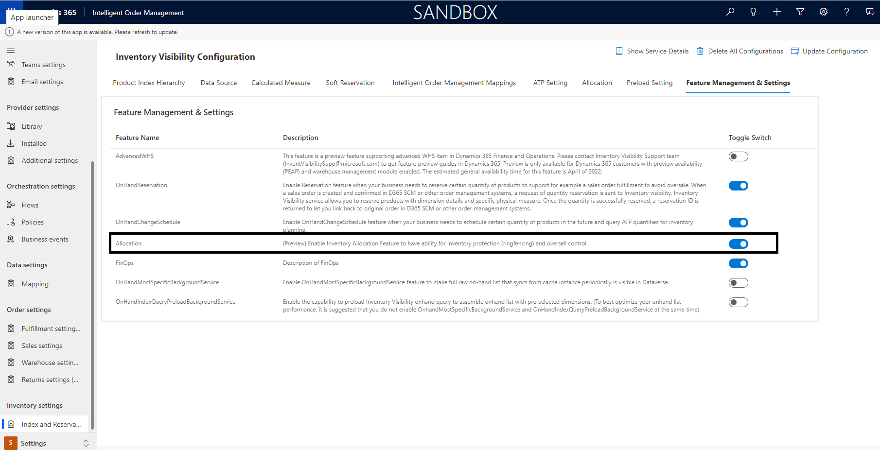 Capture d’écran de l’onglet Gestion des fonctionnalités et paramètres de la page Configuration de la visibilité de l’inventaire, où le commutateur bascule d’allocation est activé.