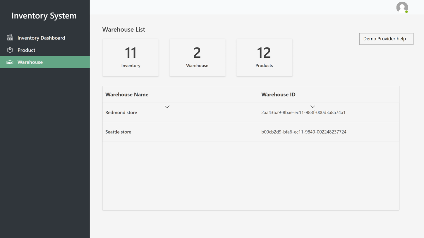 Page Entrepôts dans l’application de stock de démonstration.