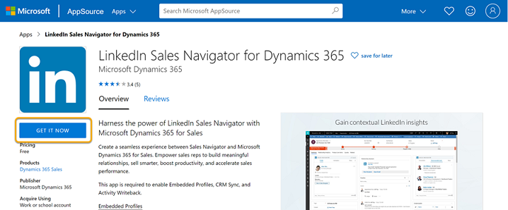 Capture d'écran de la page LinkedIn Sales Navigator AppSource.