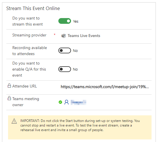 Teams live event settings.