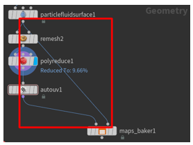 Connexion du nœud particlefluidsurface1 au nœud maps_baker 1.