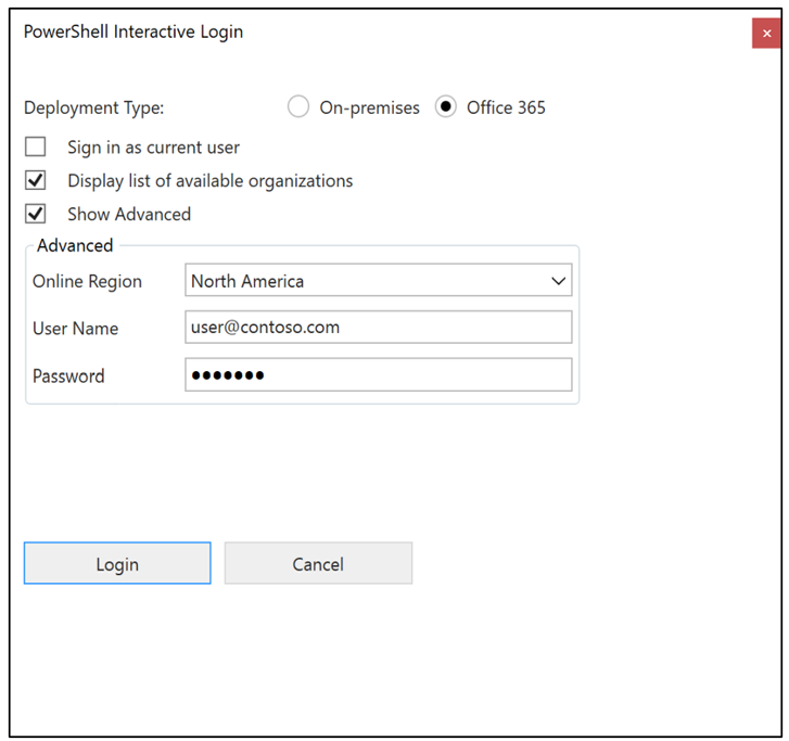 Boîte de dialogue de connexion interactive PowerShell configurée pour l’environnement source.