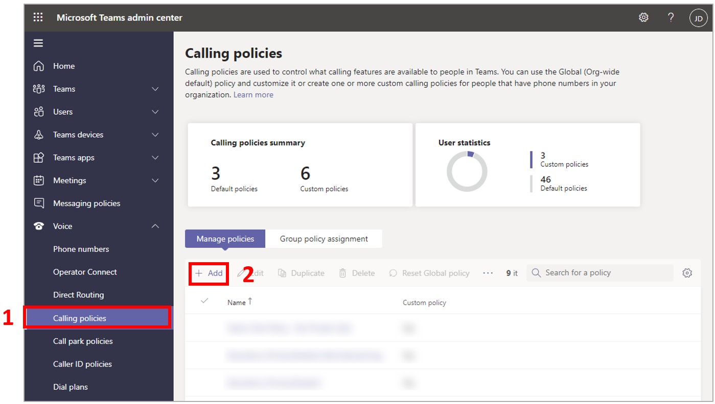 Capture d’écran du Centre d’administration Microsoft Teams avec la commande Stratégies d’appel et le bouton Ajouter en surbrillance Capture d’écran du Centre d’administration Microsoft Teams avec la commande Stratégies d’appel et le bouton Ajouter en surbrillance.
