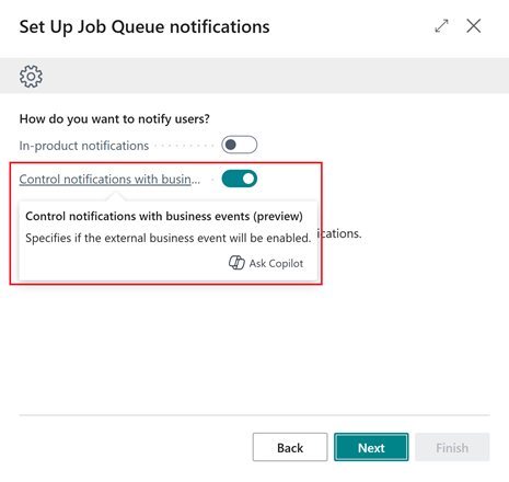Montre le bouton bascule Contrôler les notifications à l’aide d’événements commerciaux dans le guide de configuration assistée