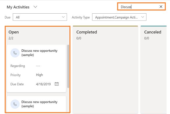 Utilisez la zone de recherche pour filtrer les enregistrements dans la vue Kanban.