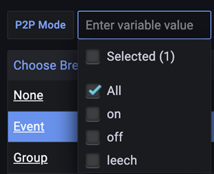 Capture d’écran du menu déroulant de sélection des options du mode P2P.