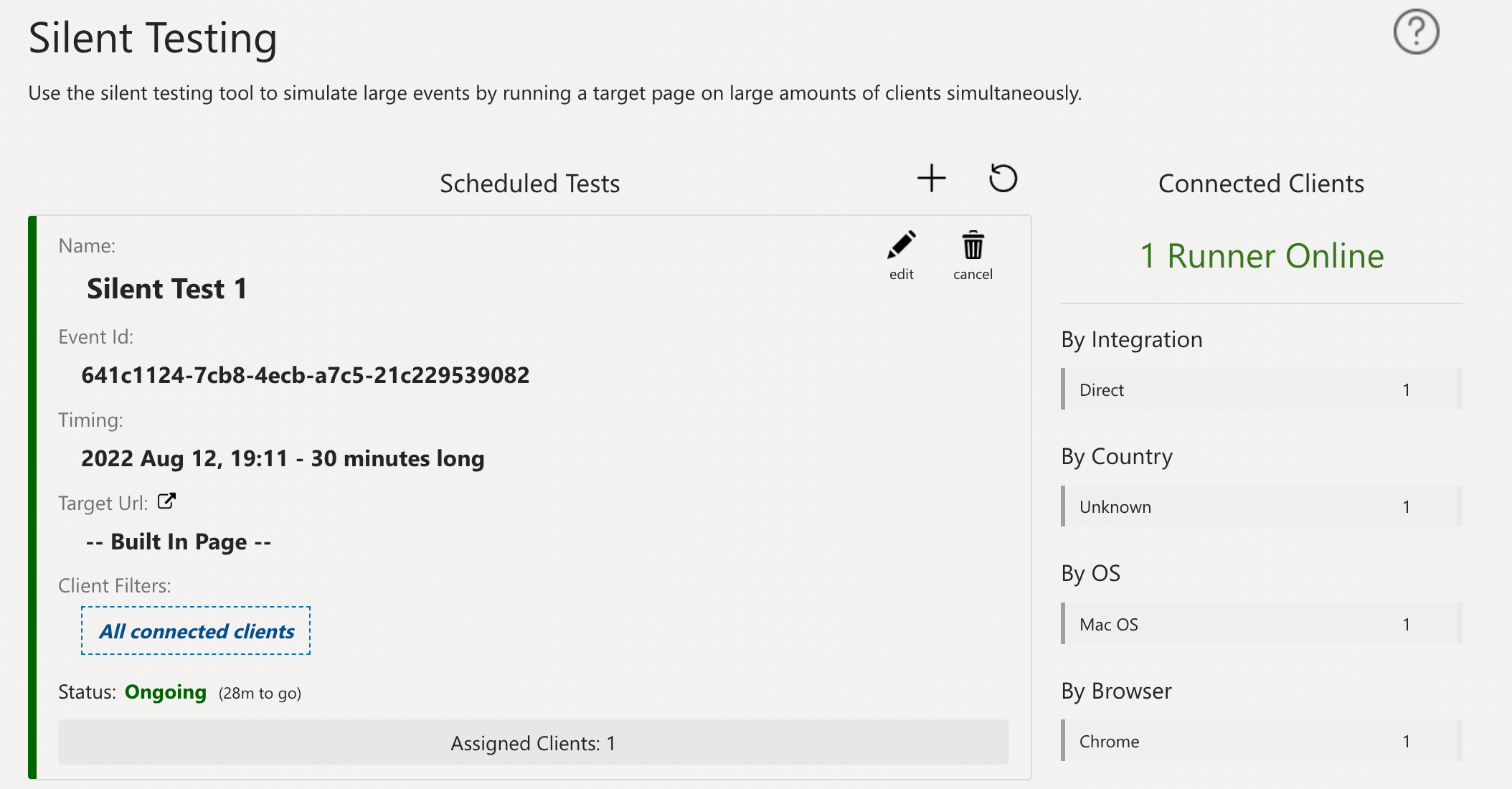 Capture d’écran de la page de test silencieux avec un exécuteur en ligne et un test intitulé Silent Test 1 avec 1 client/exécuteur attribué.