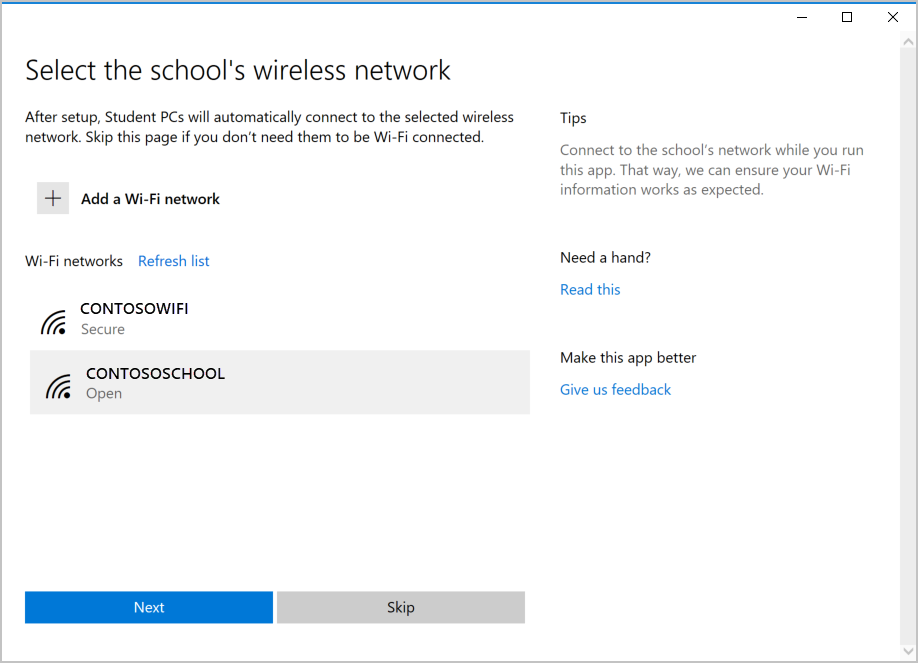 Exemple de capture d’écran de la page Configurer l’application Pc scolaire, réseau sans fil avec deux réseaux Wi-Fi répertoriés, dont l’un est sélectionné.