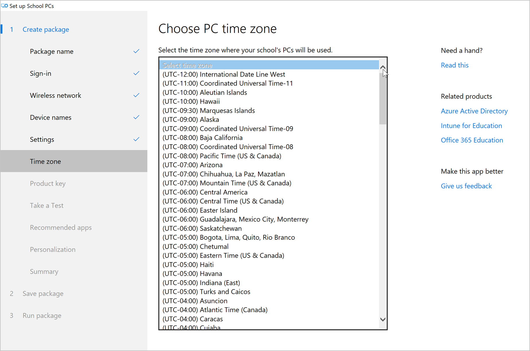 Choisissez la page Fuseau horaire du PC avec le menu fuseau horaire développé pour afficher toutes les sélections de fuseau horaire.