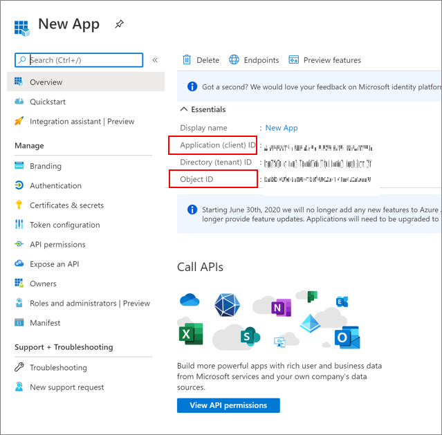 Screenshot of Application or Client ID and Object ID on the New App page.