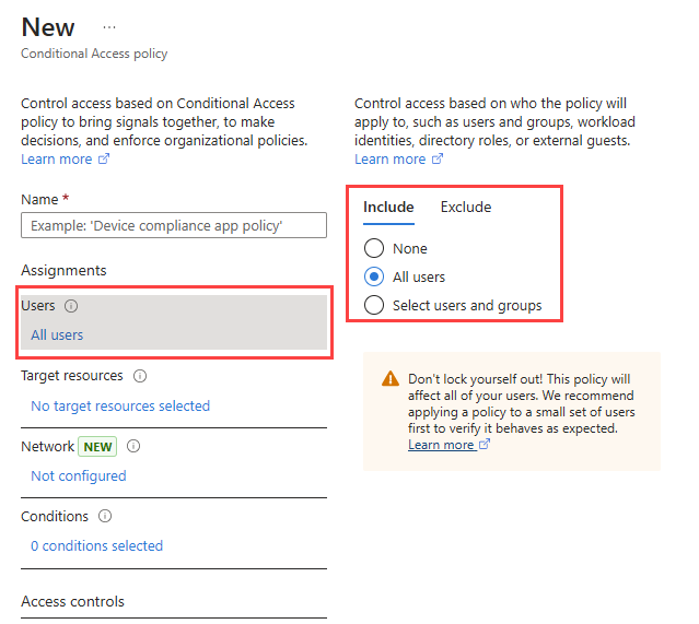 Capture d’écran d’affectation des utilisateurs à cette nouvelle stratégie.
