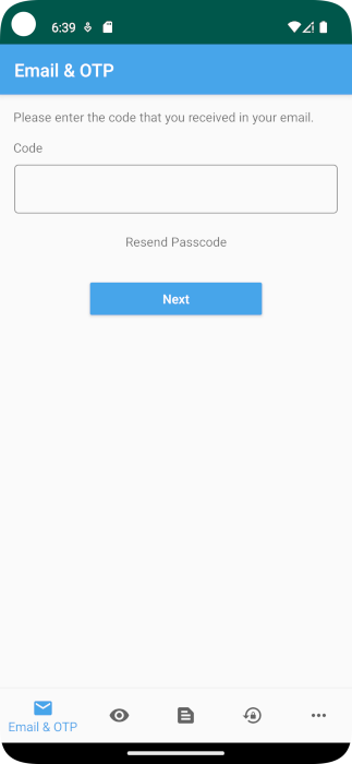 Capture d’écran invitant un utilisateur à saisir son code secret à usage unique dans une application Android.