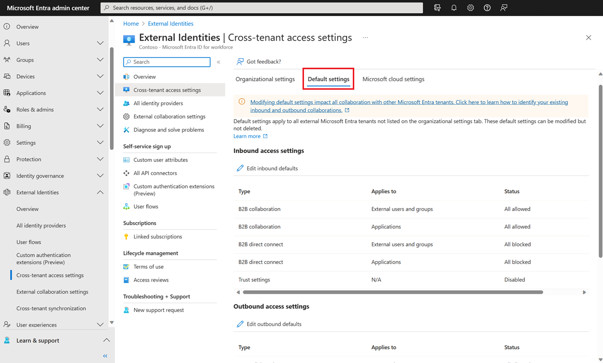 Screenshot showing the Cross-tenant access settings Default settings tab.