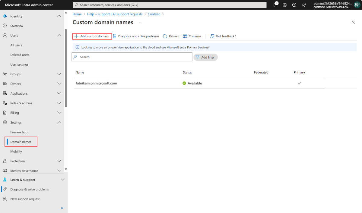 Screenshot of Custom domain names page, with Add custom domain shown.