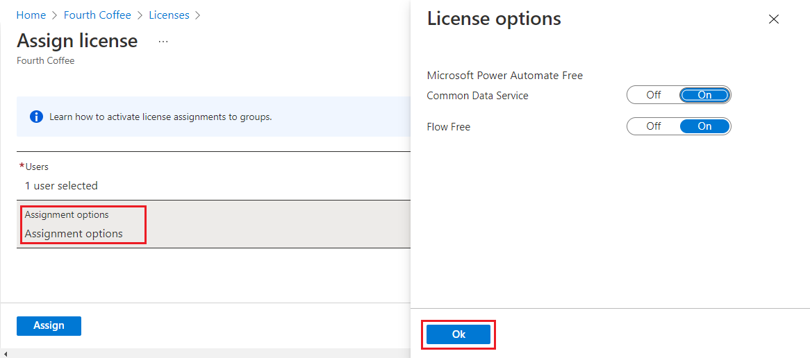 Capture d’écran de la page Options de la licence, avec toutes les options disponibles dans le plan de licence.
