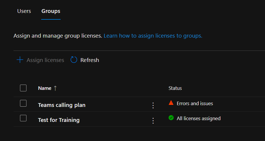 Capture d’écran de la liste des utilisateurs en erreur d'attribution de licences de groupe.