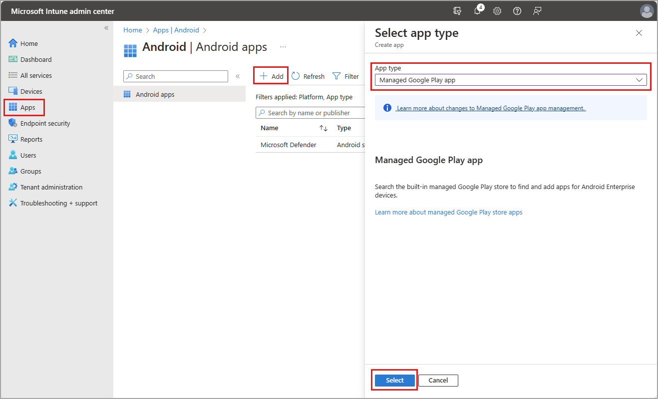 Capture d’écran des options d’ajout d’application Google Play.