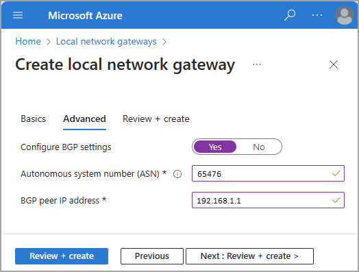 Capture d’écran des champs ASN et BGP dans le processus de passerelle réseau locale.
