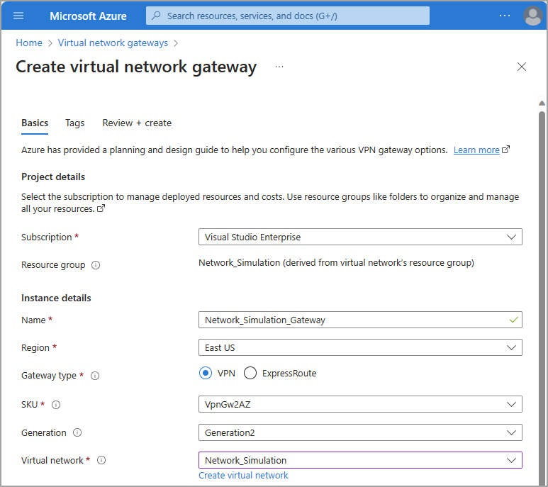 Capture d’écran du Portail Azure montrant les paramètres de configuration d’une passerelle de réseau virtuel.
