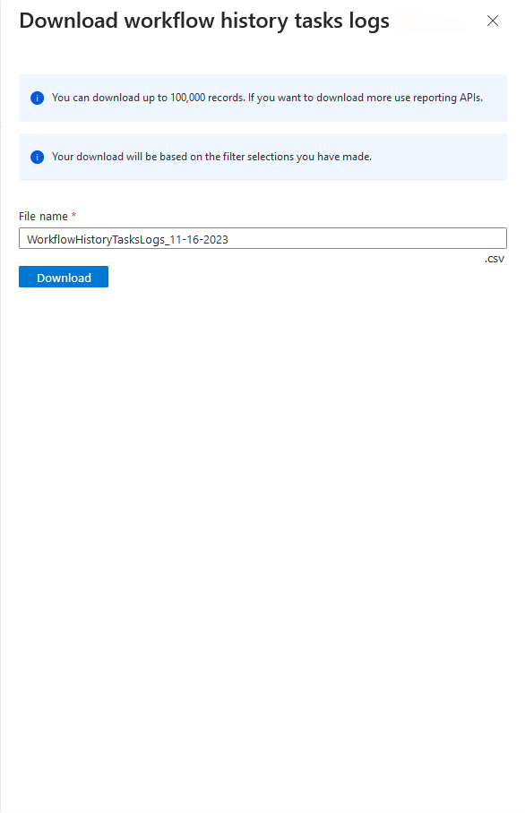 Capture d’écran du volet de téléchargement d’historique des workflows.